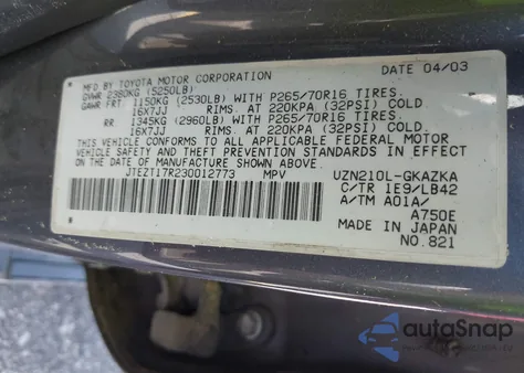 2003 Toyota 4Runner Limited V8 z USA, uszkodzony, nr VIN JTEZT17R230012773